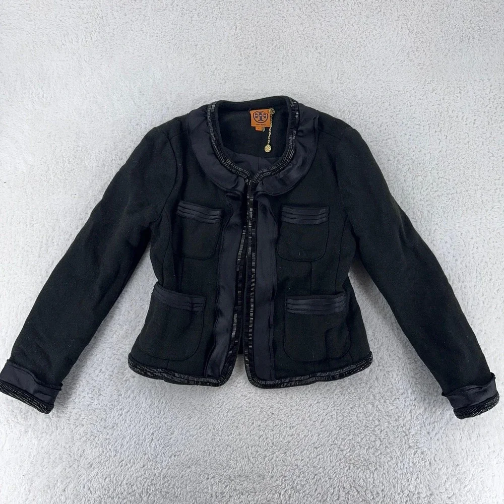 Tory Burch Fitted Blazer Jacket Womens Medium FITS XS Wool Blend Satin Trim‎